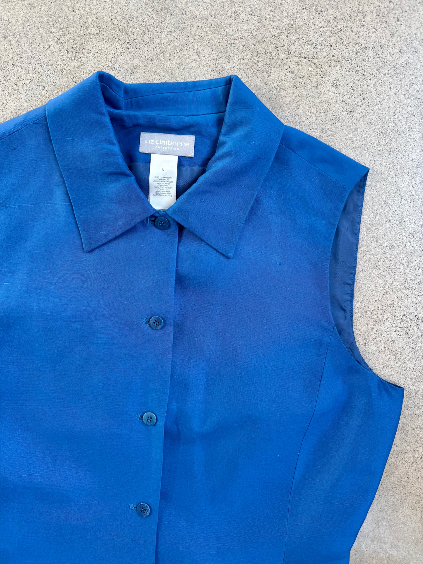 Vintage 1990s Liz Claiborne Blue Silk Sleeveless Blouse | S/M