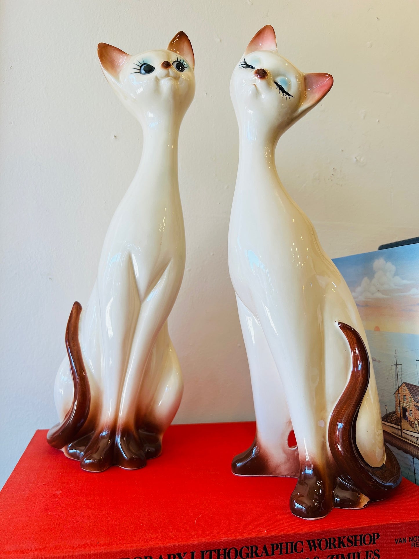 Vintage MCM Ceramic Siamese Cat Statues | Set of Two