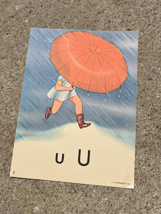 Vintage 1950s Phonics Flashcards(J.B. Lippincott Co.) w/ Hanger - Umbrella
