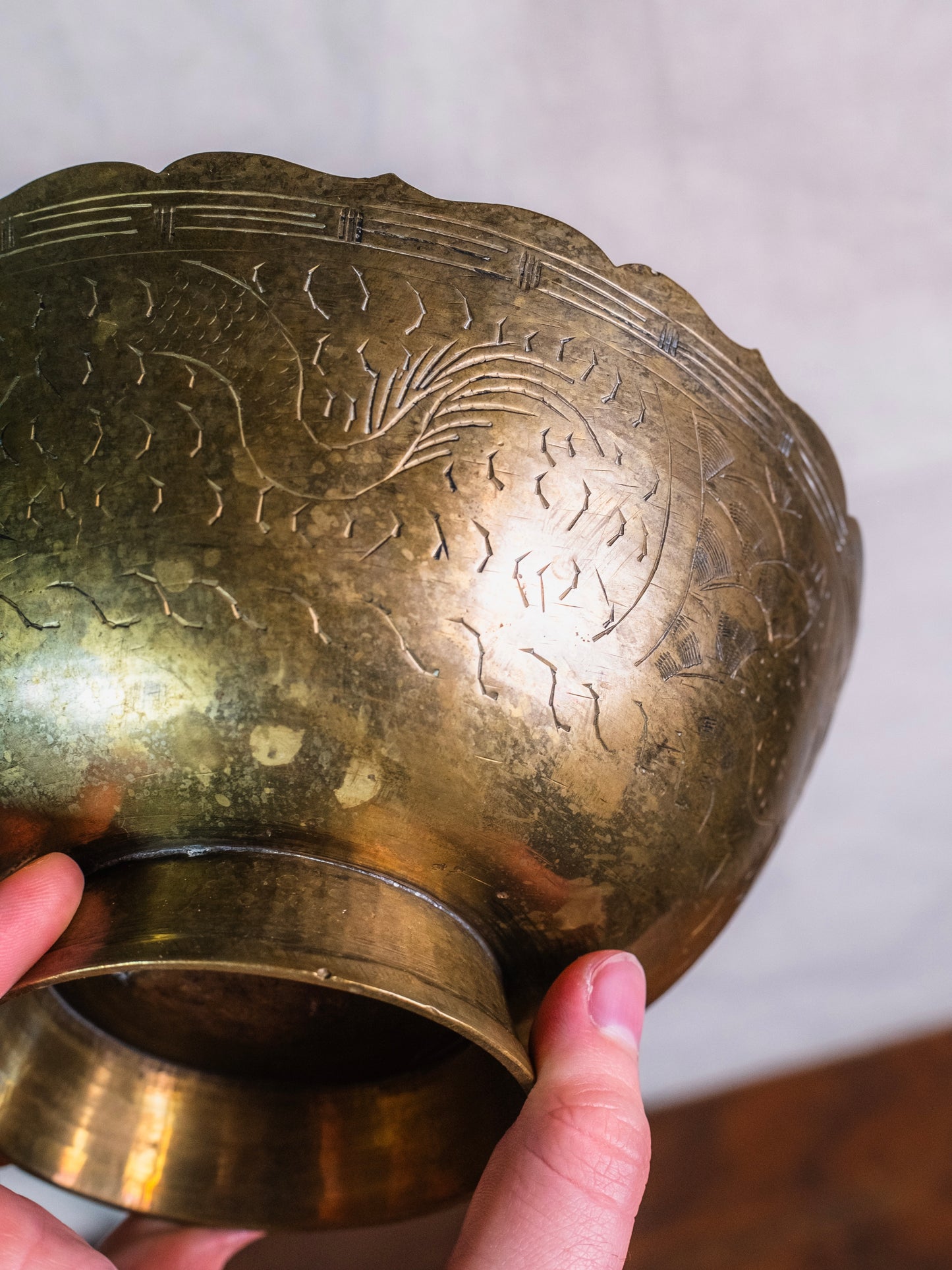 Vintage 1950s Solid Brass Etched Pedestal Bowl