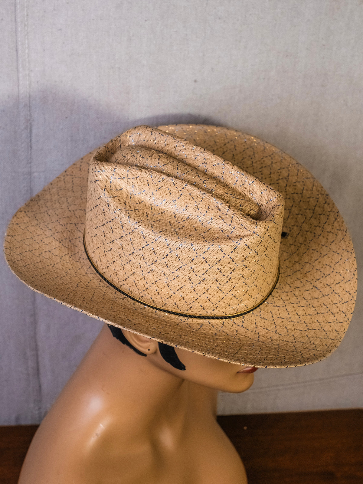 Vintage Rockmount Ranchwear Blue & Gold Metallic Straw Cowboy Hat