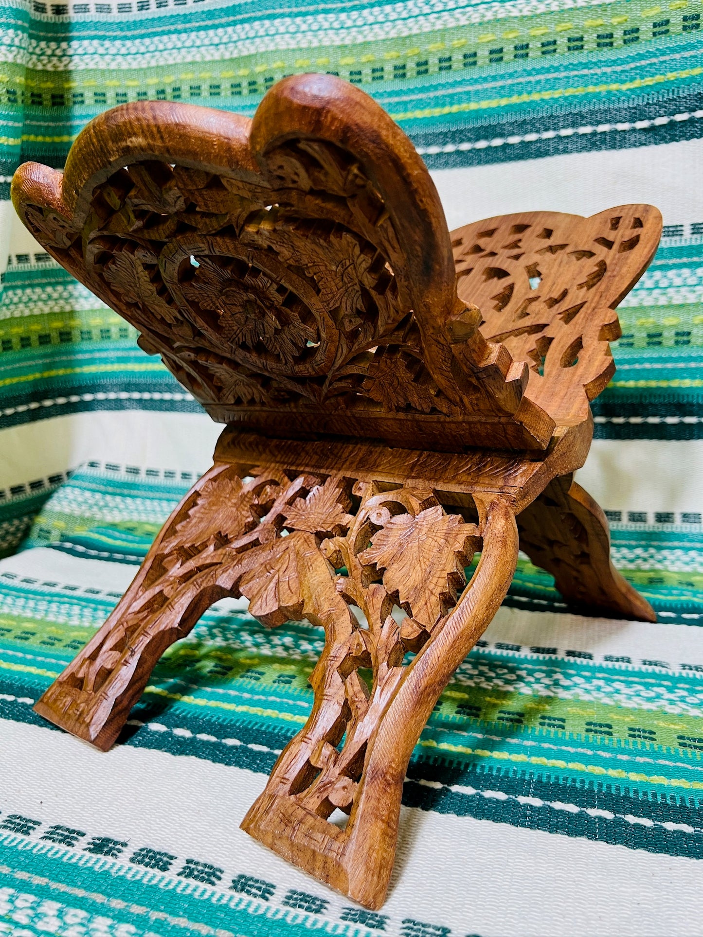 Vintage Carved Teak Wood Folding Book Display