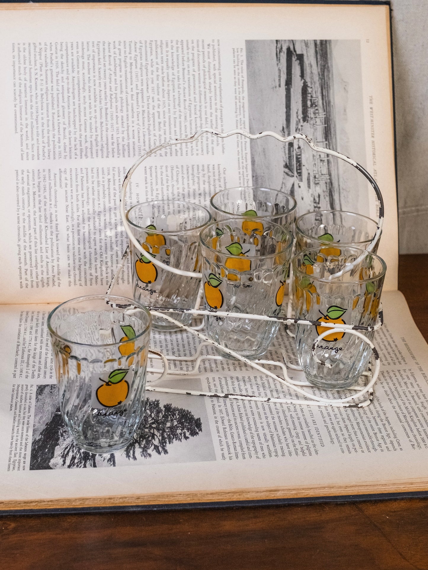 Vintage 1970s Firna Indonesia “Orange” Juice Glasses w/ Caddy | Set of 6