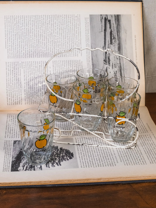 Vintage 1970s Firna Indonesia “Orange” Juice Glasses w/ Caddy | Set of 6