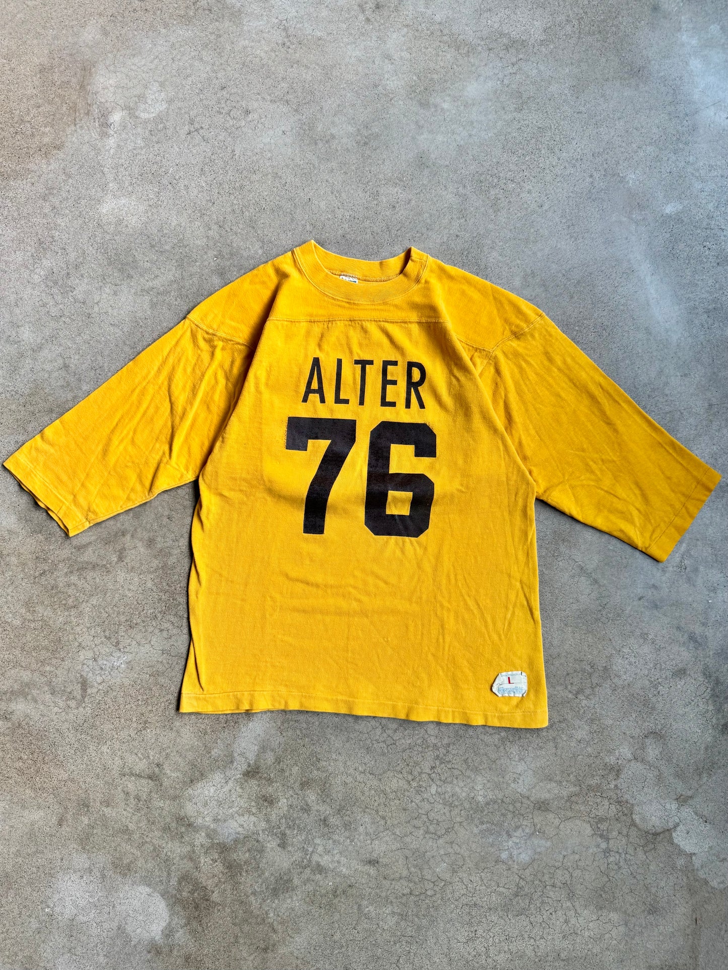 Vintage Champion “Alter 76” Yellow Cotton Athletic Football Tee | Large