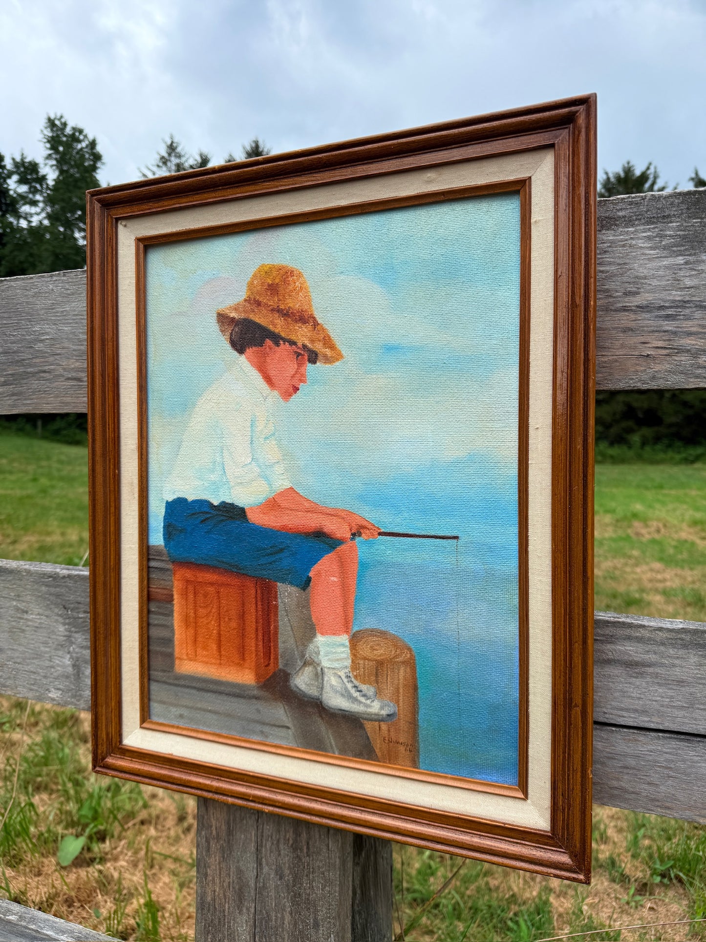 Vintage 1960s Framed & Signed "Boy Fishing" Oil on Board Painting