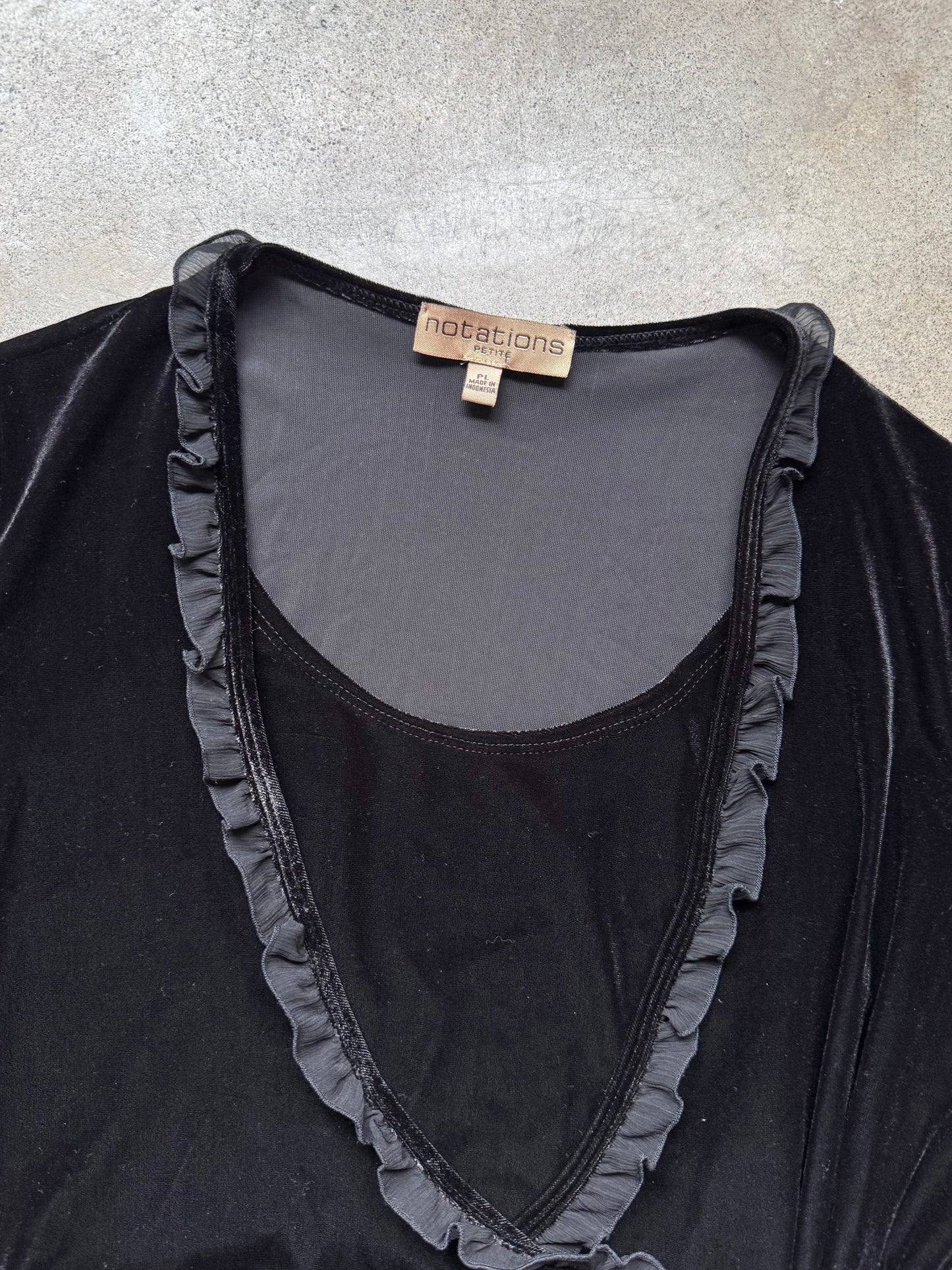 Vintage 1990s Notations Black Velvet Frilled Trim Wrap Blouse | Large