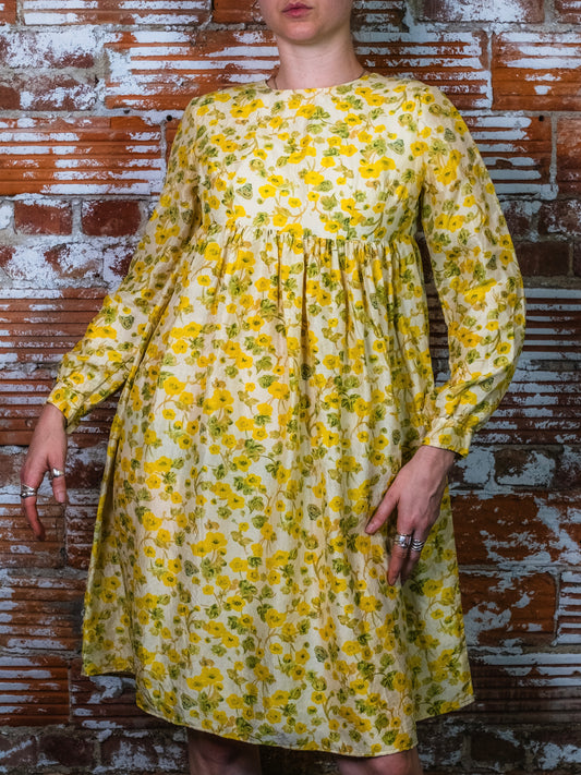 Vintage 1960s Handmade Yellow Floral Empire Waist Long Sleeve Babydoll Dress | XS