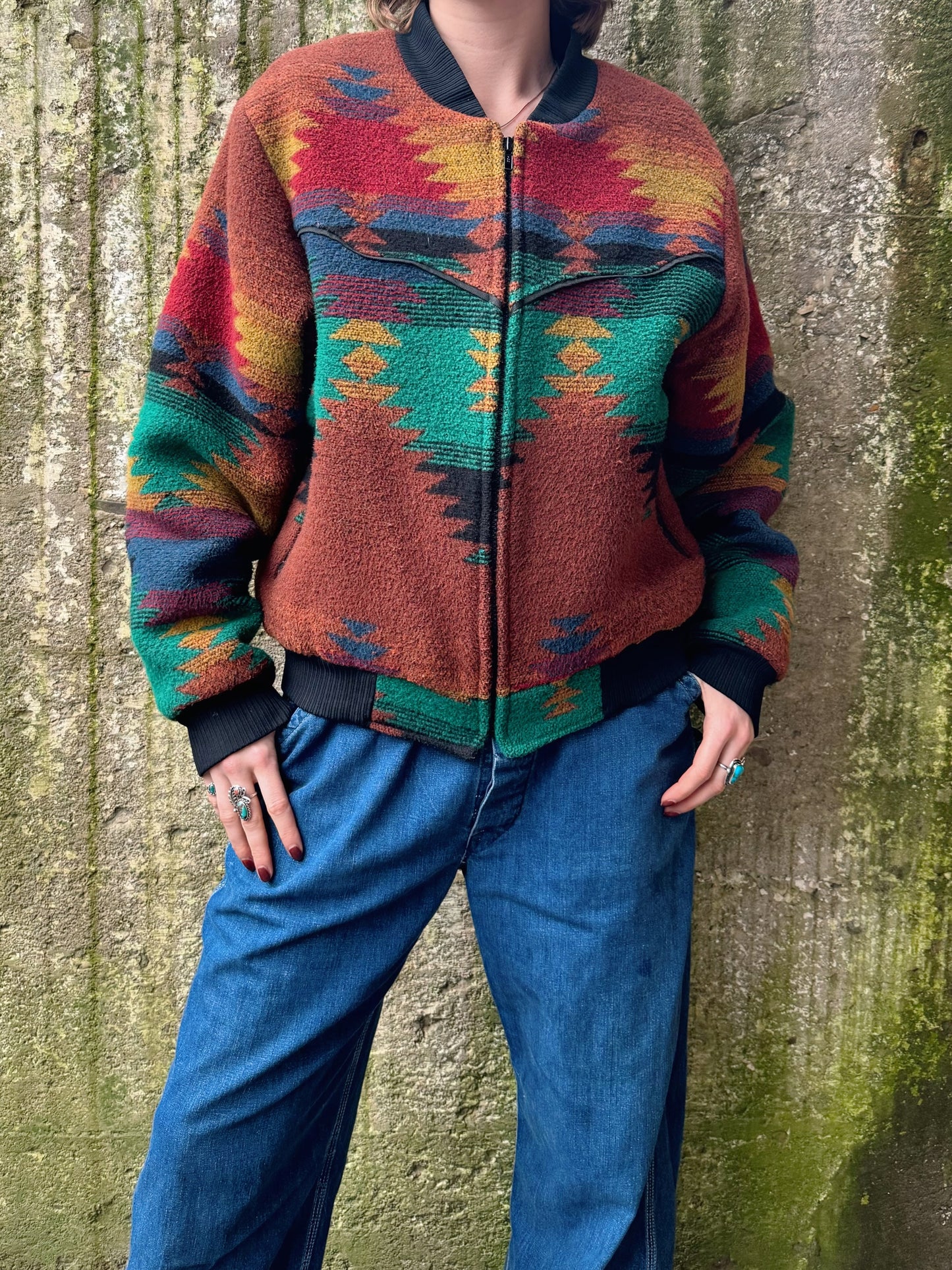 Vintage 1980s Pioneer Wear Southwestern Wool Bomber Jacket