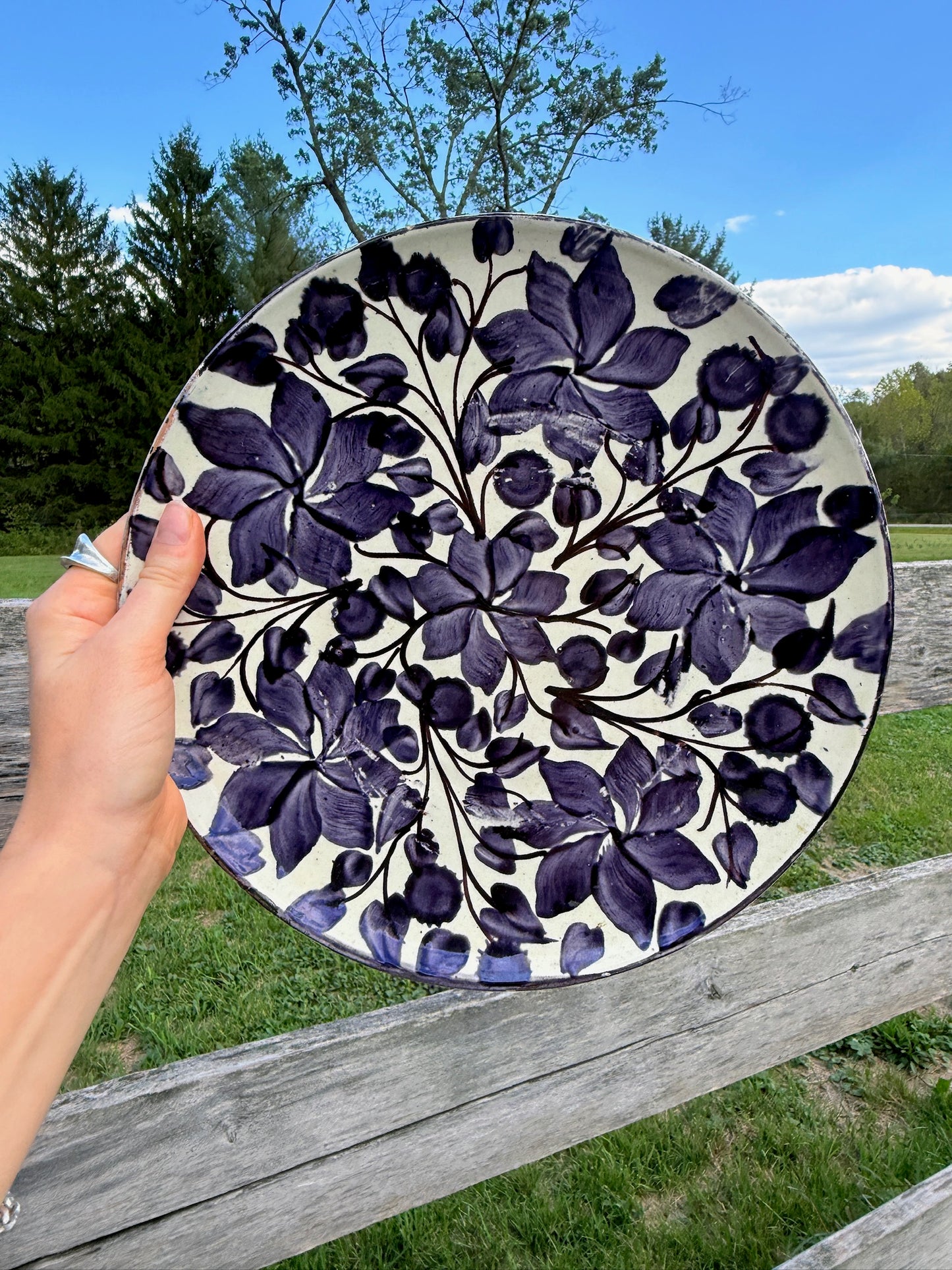 Vintage 1940s Terracotta Oaxaca Mexico Hand-Painted Floral Plate