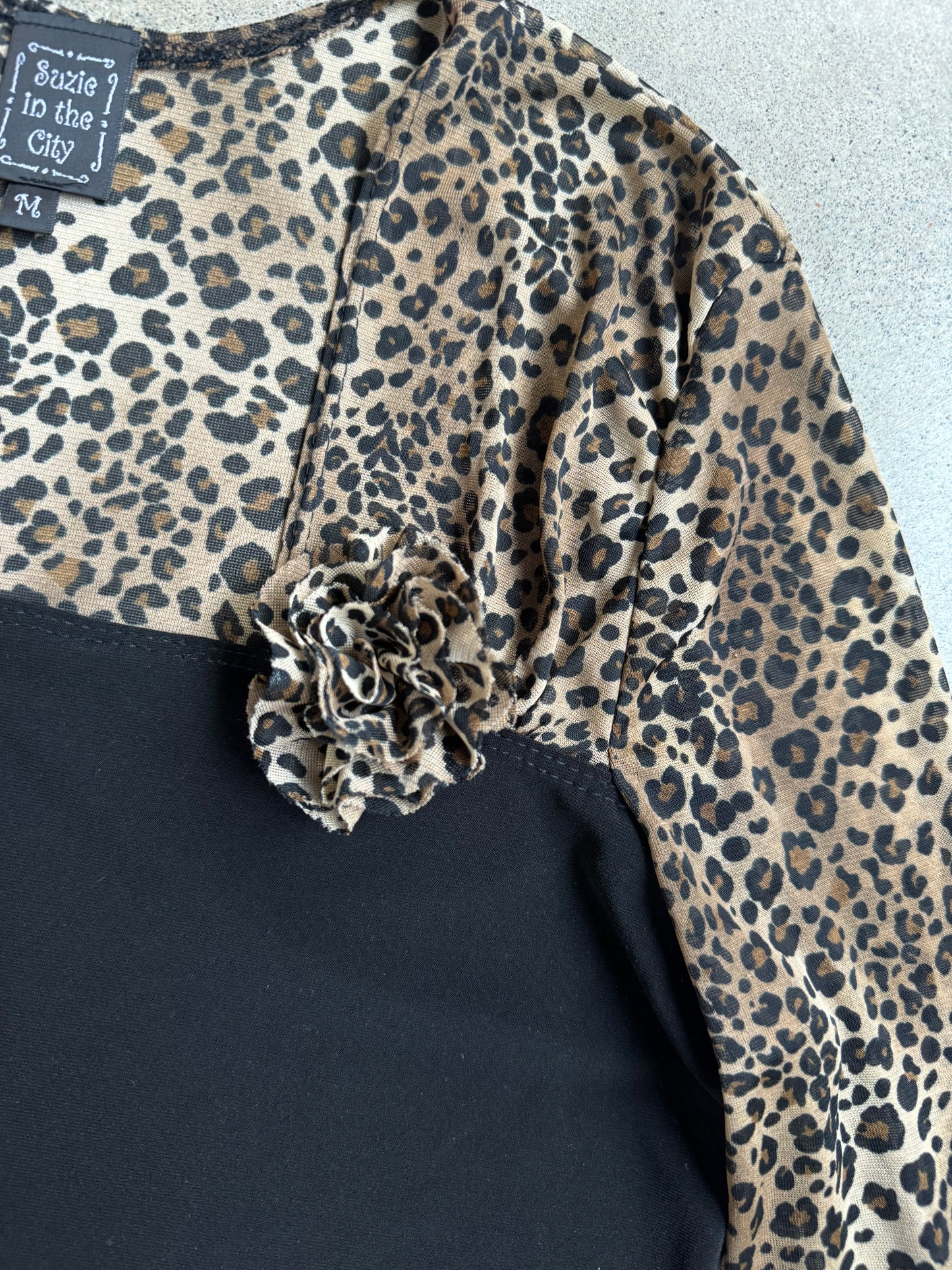 Vintage 1990s Suzie in the City Cheetah Print Mesh Sleeve Blouse | Medium