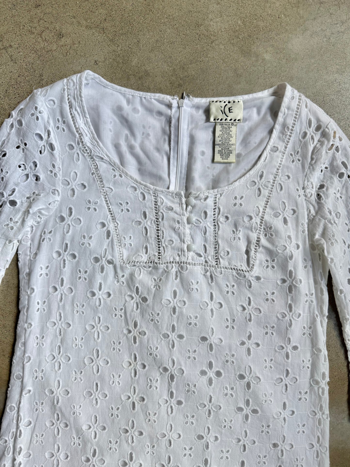 Vintage 1990s ICE White Floral Eyelet Cotton Mini Dress | Medium