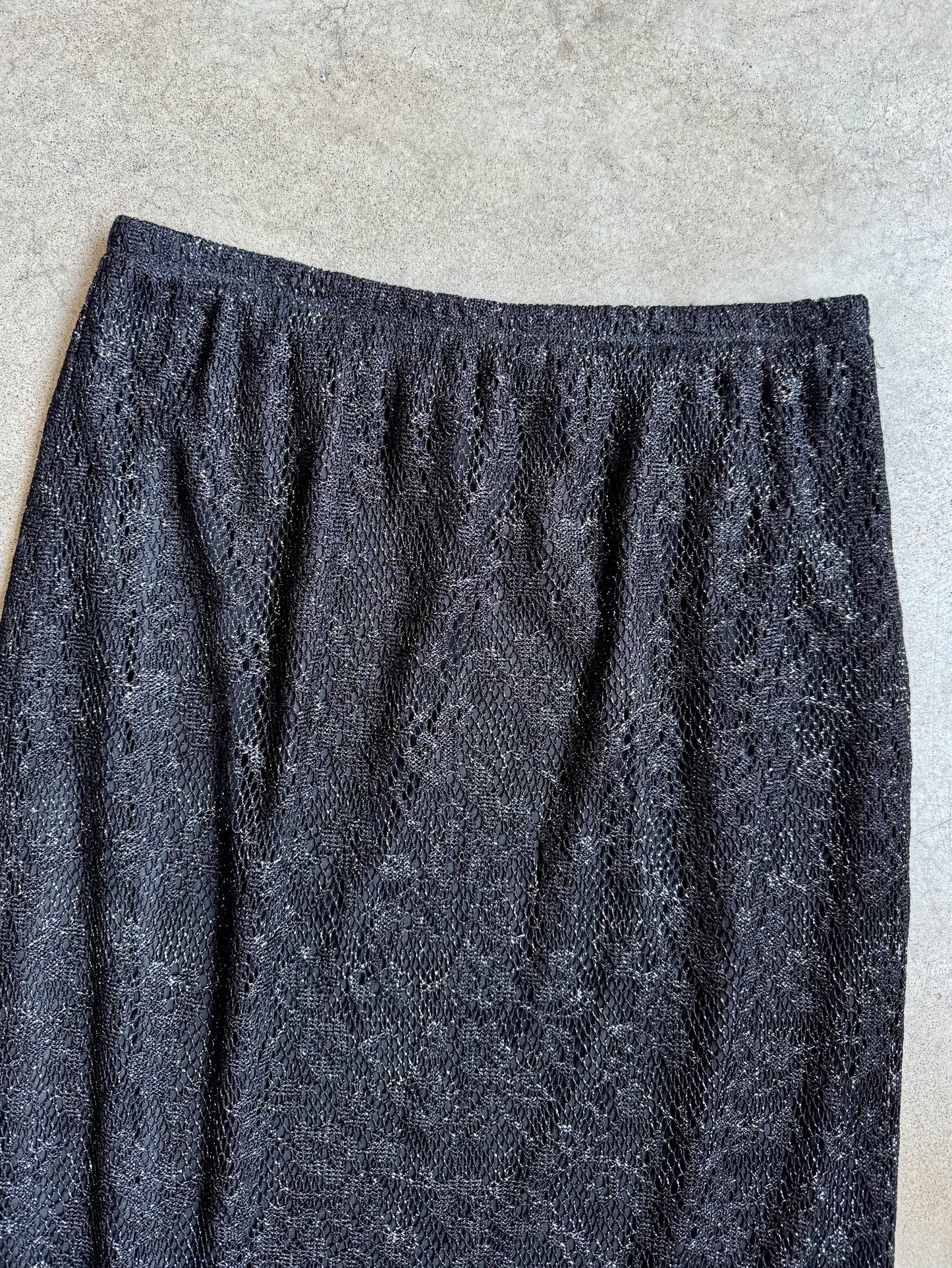Vintage Ashley Stewart Black & Silver Metallic Crochet Fringe Maxi Skirt | L/XL