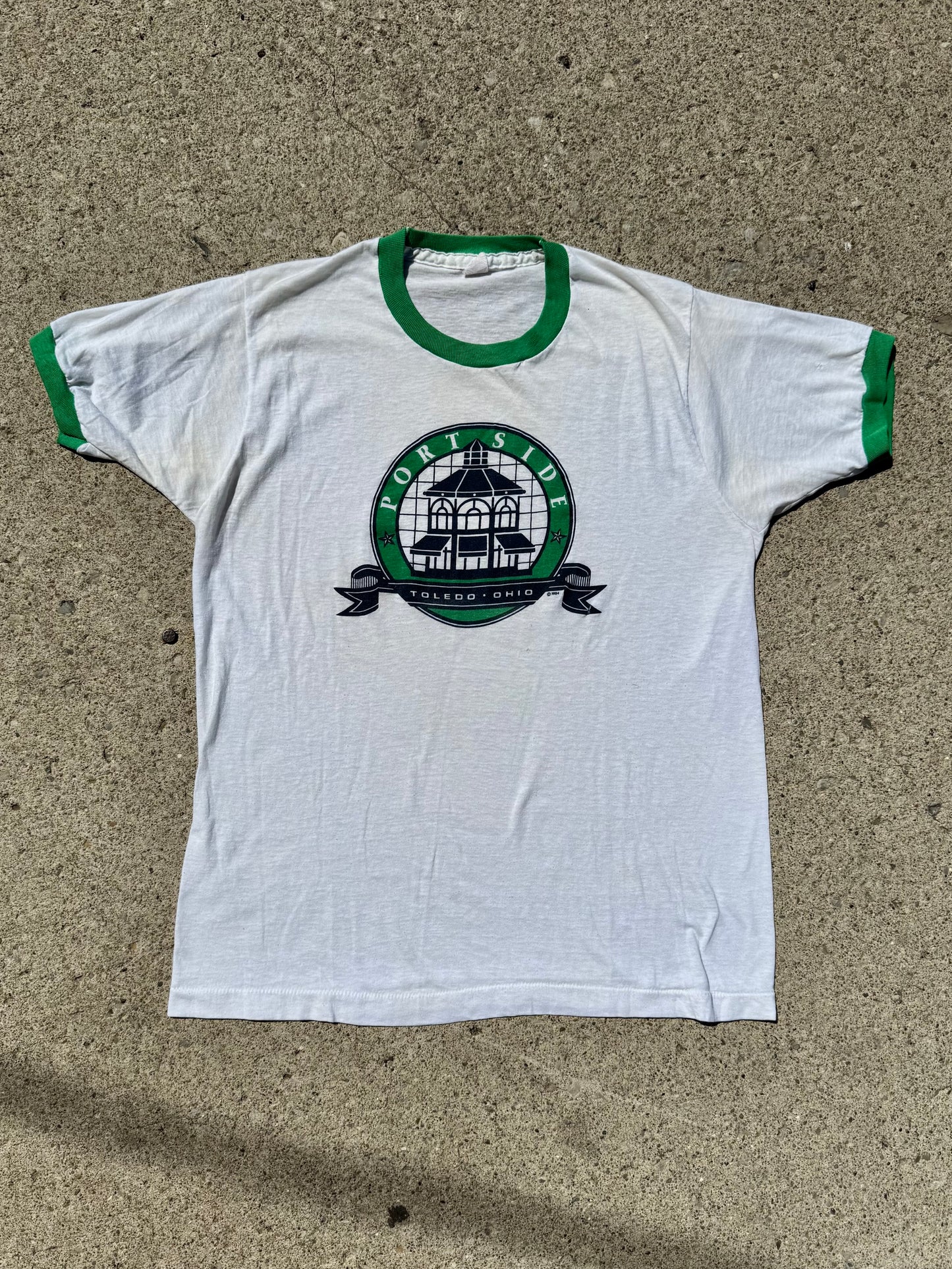 Vintage 1980s Portside Toledo White & Green Ringer Tee | M/L