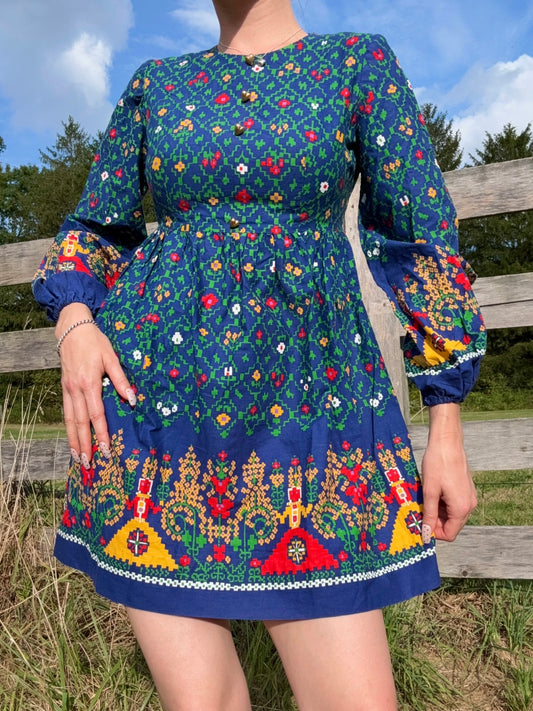 Vintage 1960s Nancy B California Pixelated Floral Long Sleeve Mini Dress | XS/S