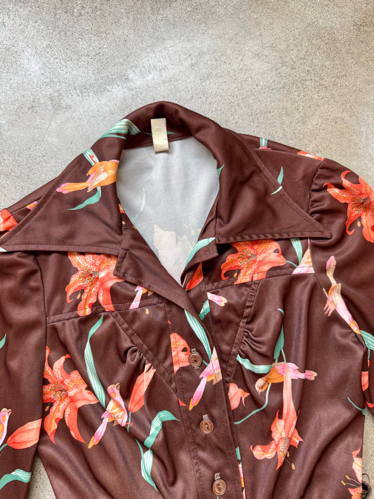 Vintage 1970s Brown & Orange Floral Button-Front Long Sleeve Belted Dress | XS/S