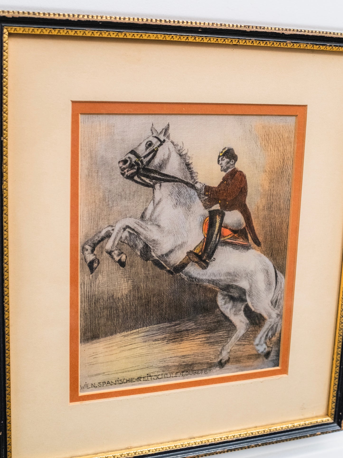 Vintage 1940s/50s Framed "Man on Horse" Etching On Silk Artwork