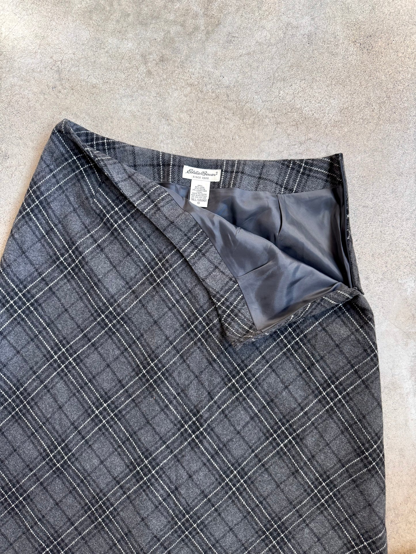 Vintage 1990s Eddie Bauer Grey Plaid Wool A-Line Maxi Skirt | Waist 30”