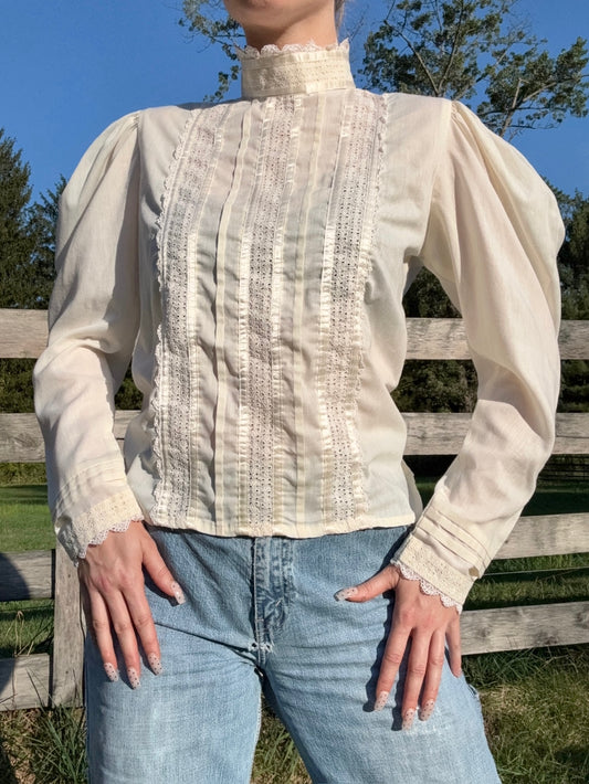 Vintage 1980s Jessica McClintock Gunne Sax Eyelet Lace High Neck Blouse | Medium