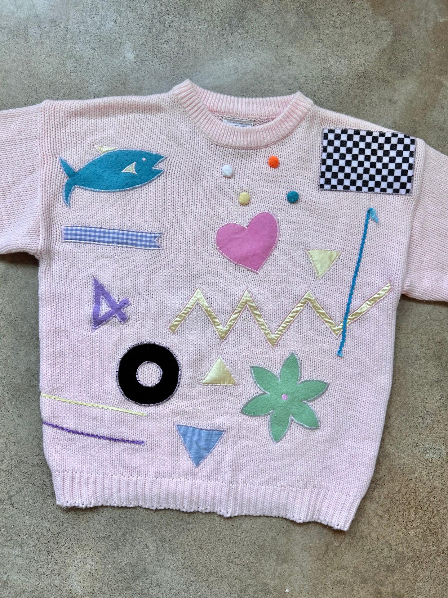 Vintage 1980s Extra Touch Pink Multi Embroidered Patch Sweater | XL