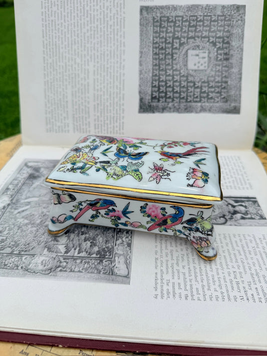 Vintage 1970s Birds Butterflies & Florals Ceramic Trinket Box