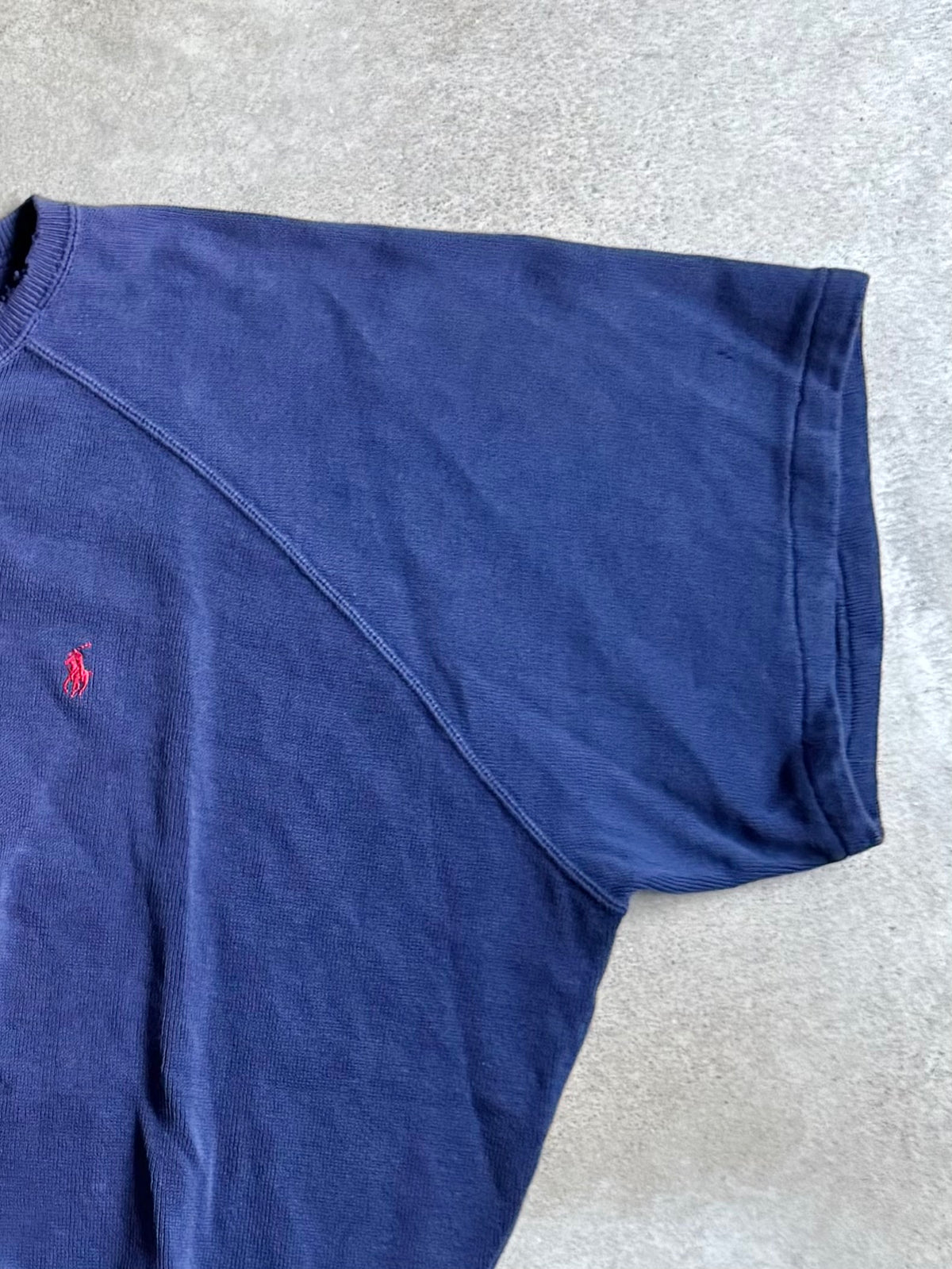 Vintage 1990s Polo Ralph Lauren Distressed Navy Short Sleeve Sweatshirt | XL