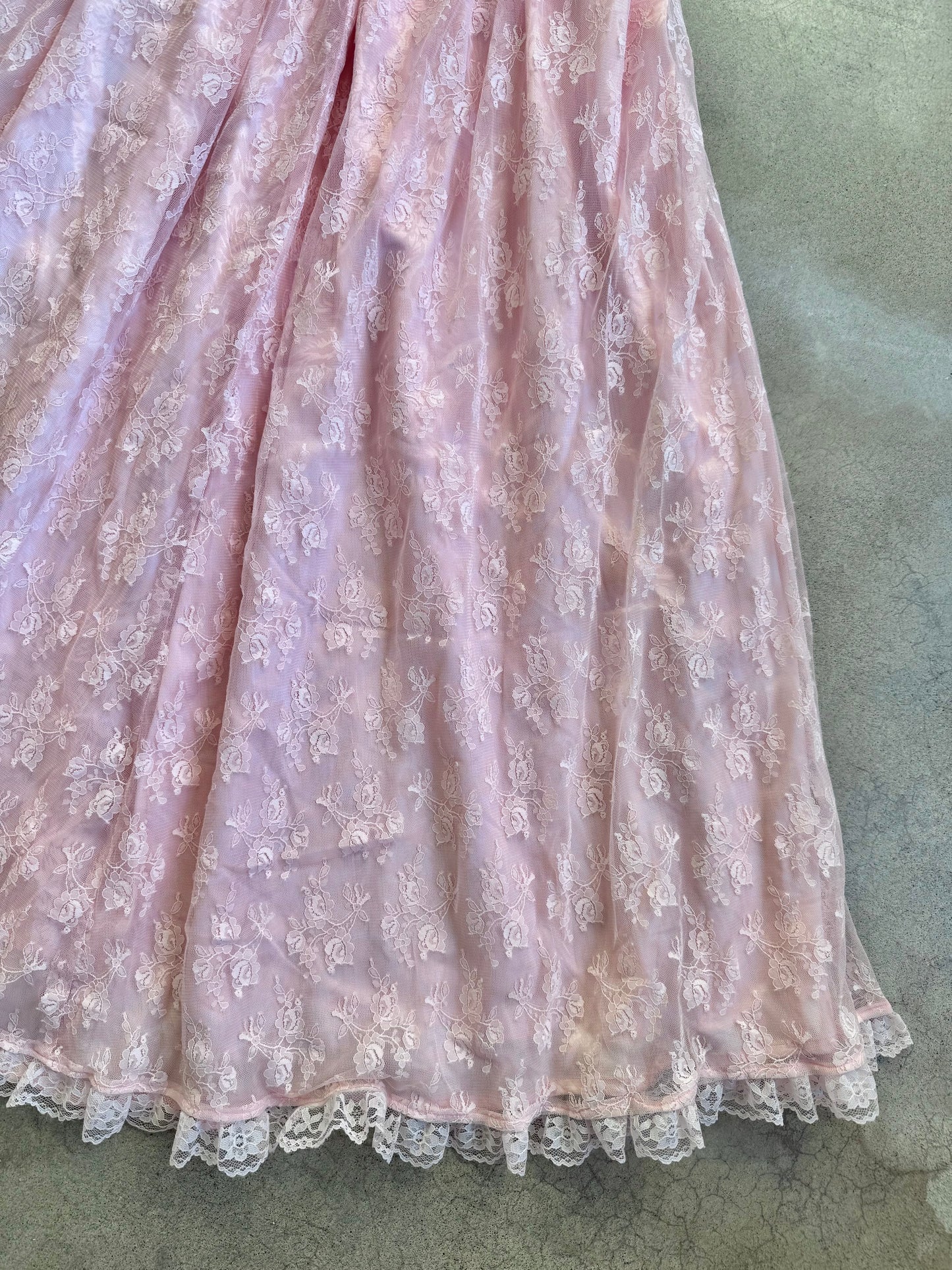 Vintage 1980s Pink Floral Lace Strapless Prom Dress | Small