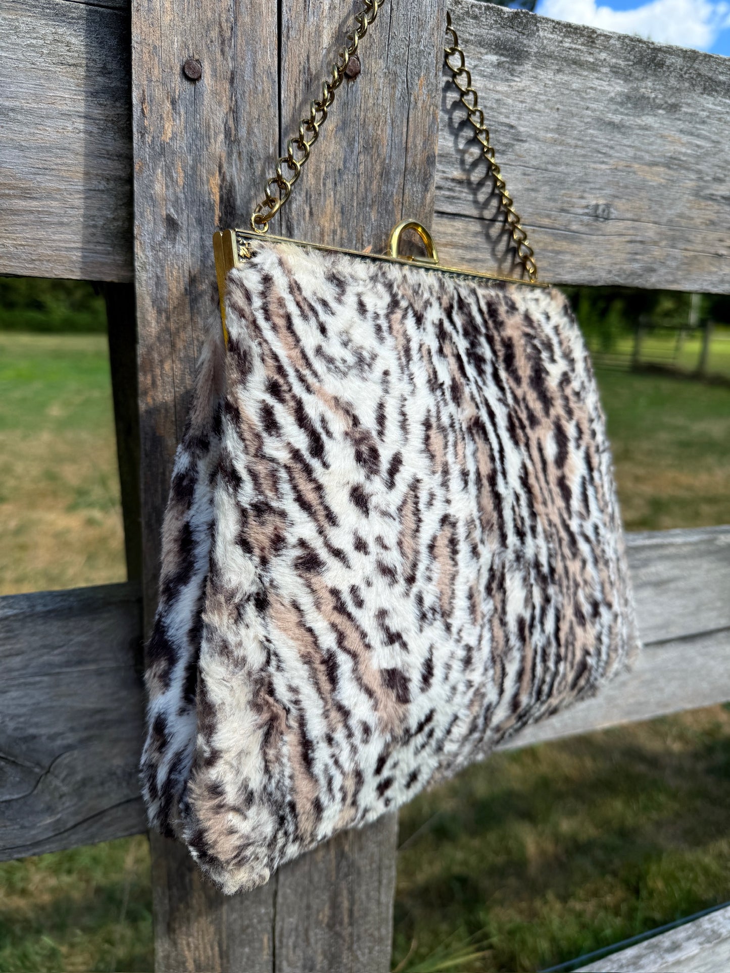 Vintage 1960s Leopard Animal Print Gold Chain Handbag