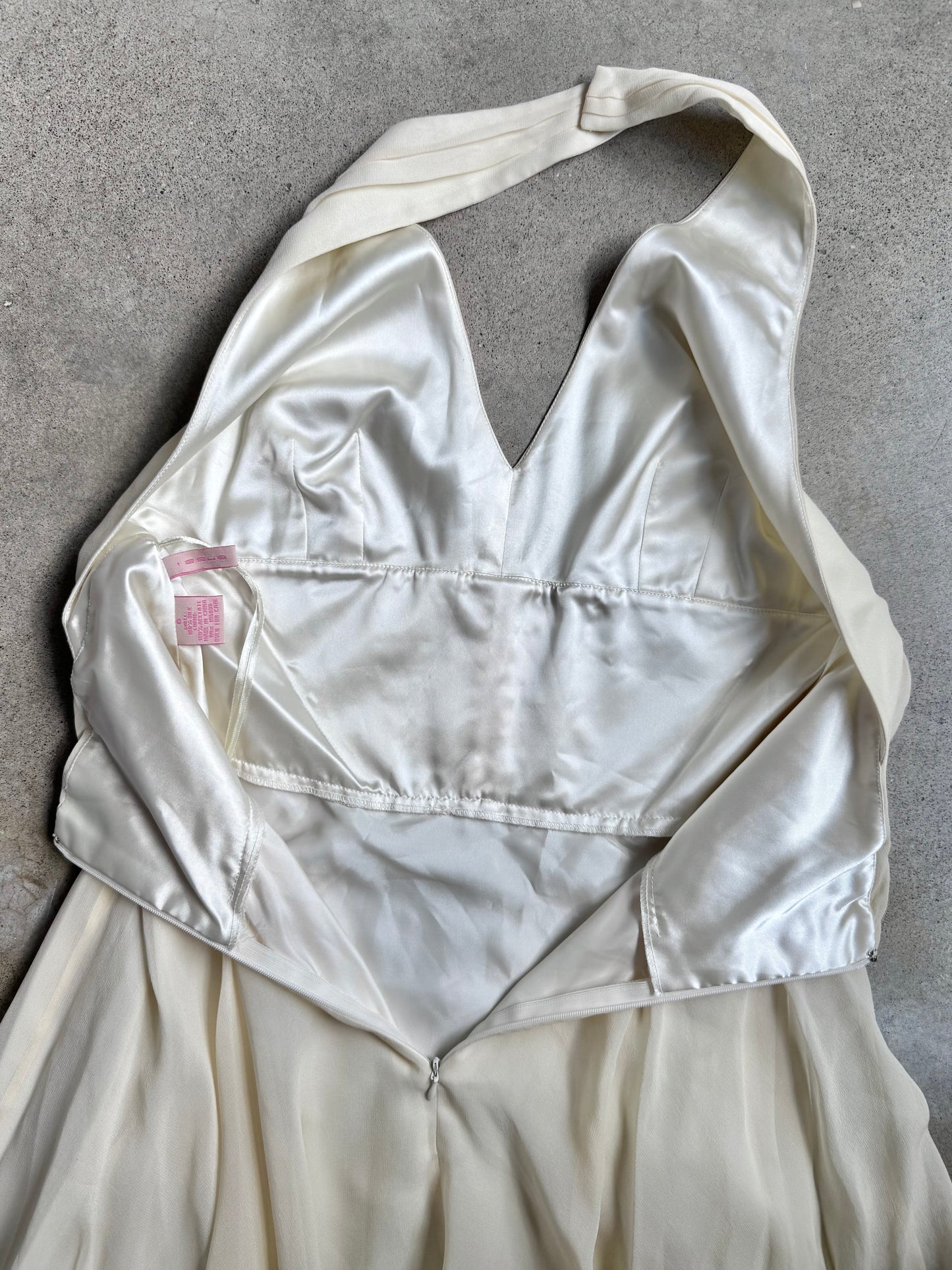 Vintage 2000s Issue Cream Silk Chiffon Halter Dress | Small