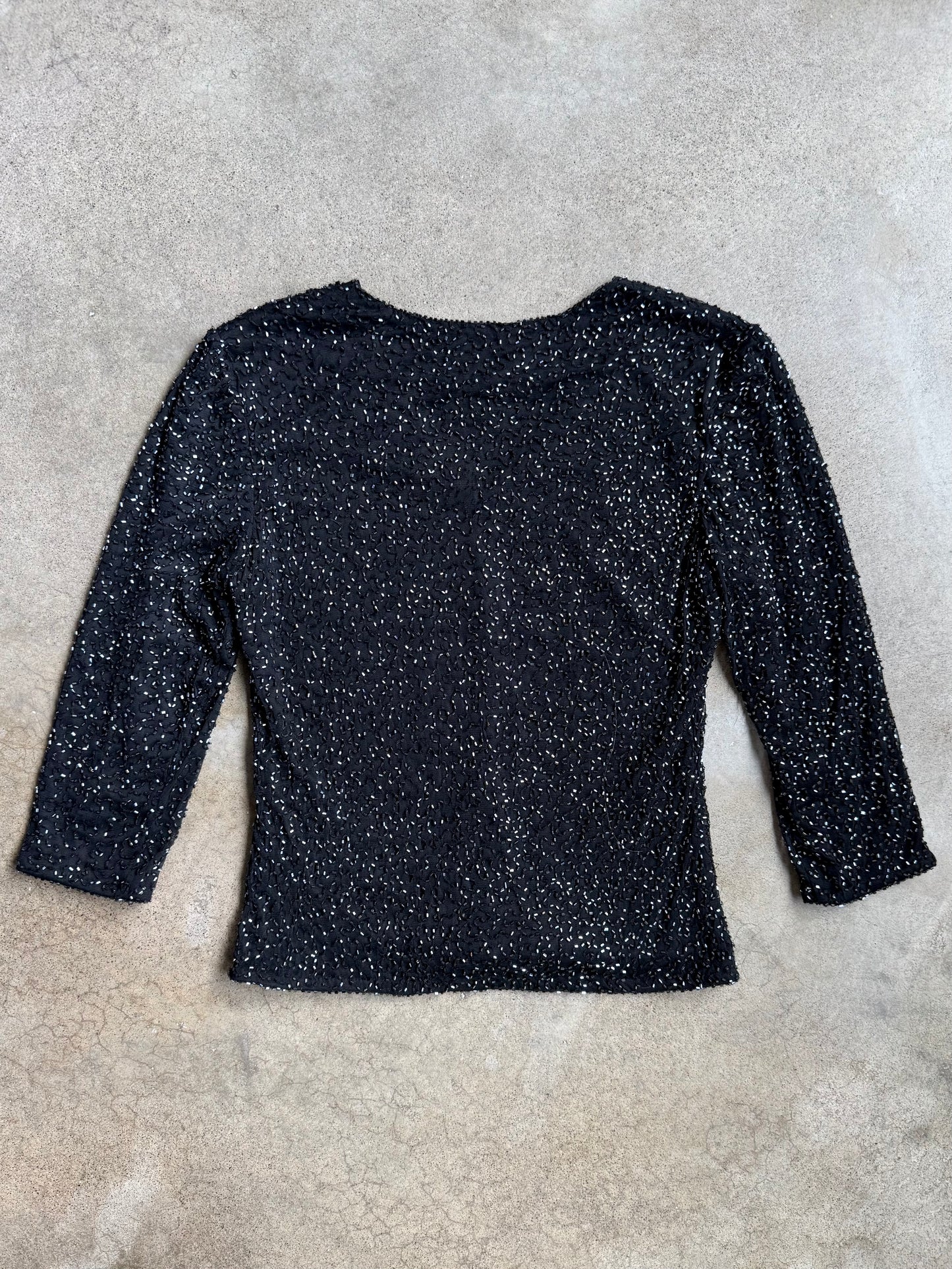 Vintage 1990s Allure Black Beaded V-Neck Top | Small
