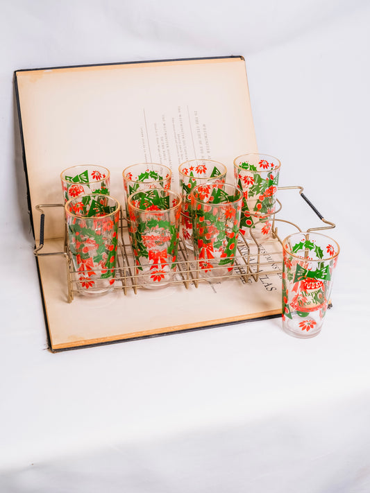 Vintage 1950s Hazel-Atlas Holiday Glass Tumblers & Metal Caddy | Set of 8