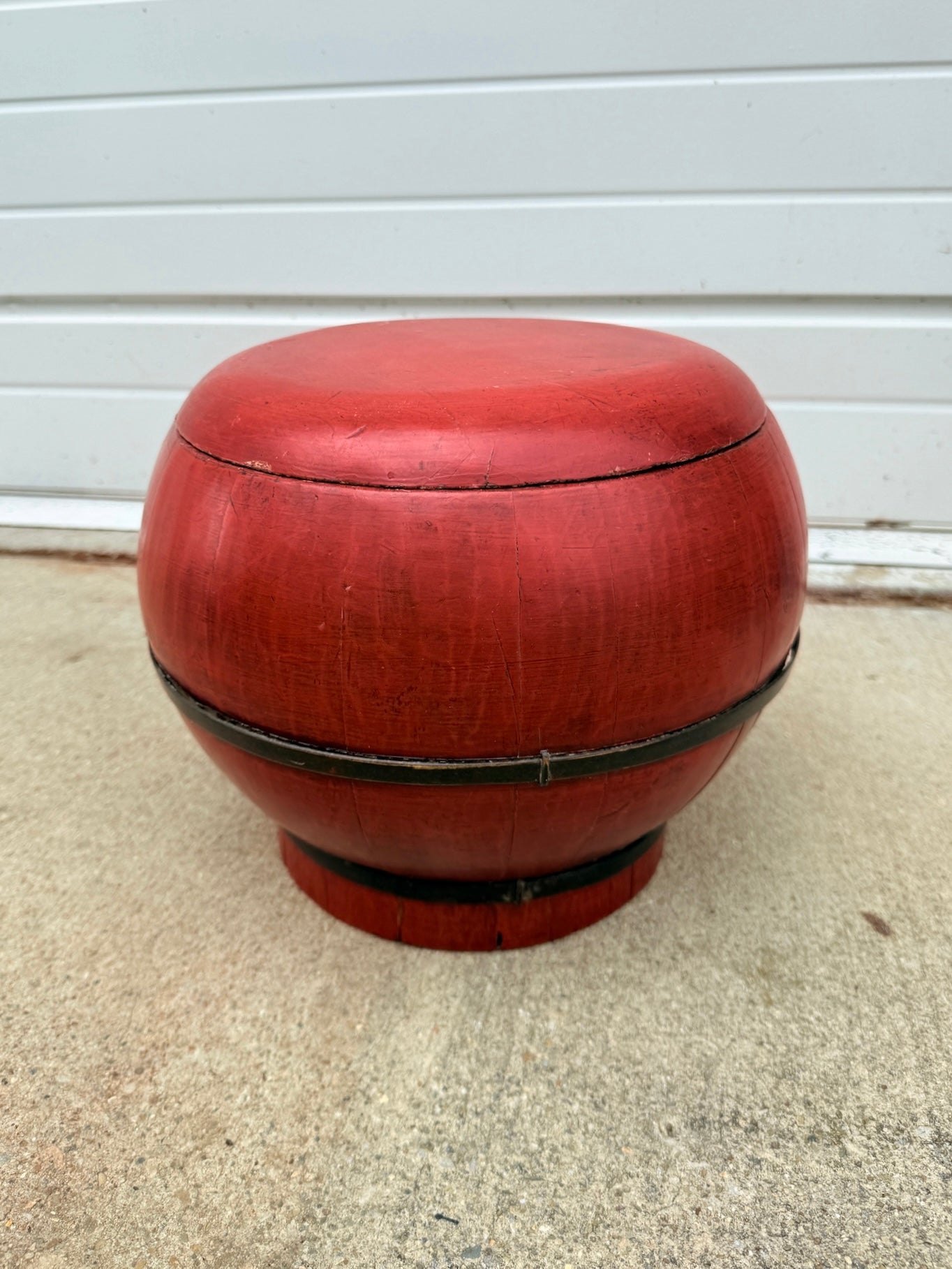 Antique Chinese Red Laquered Wood Rice Box