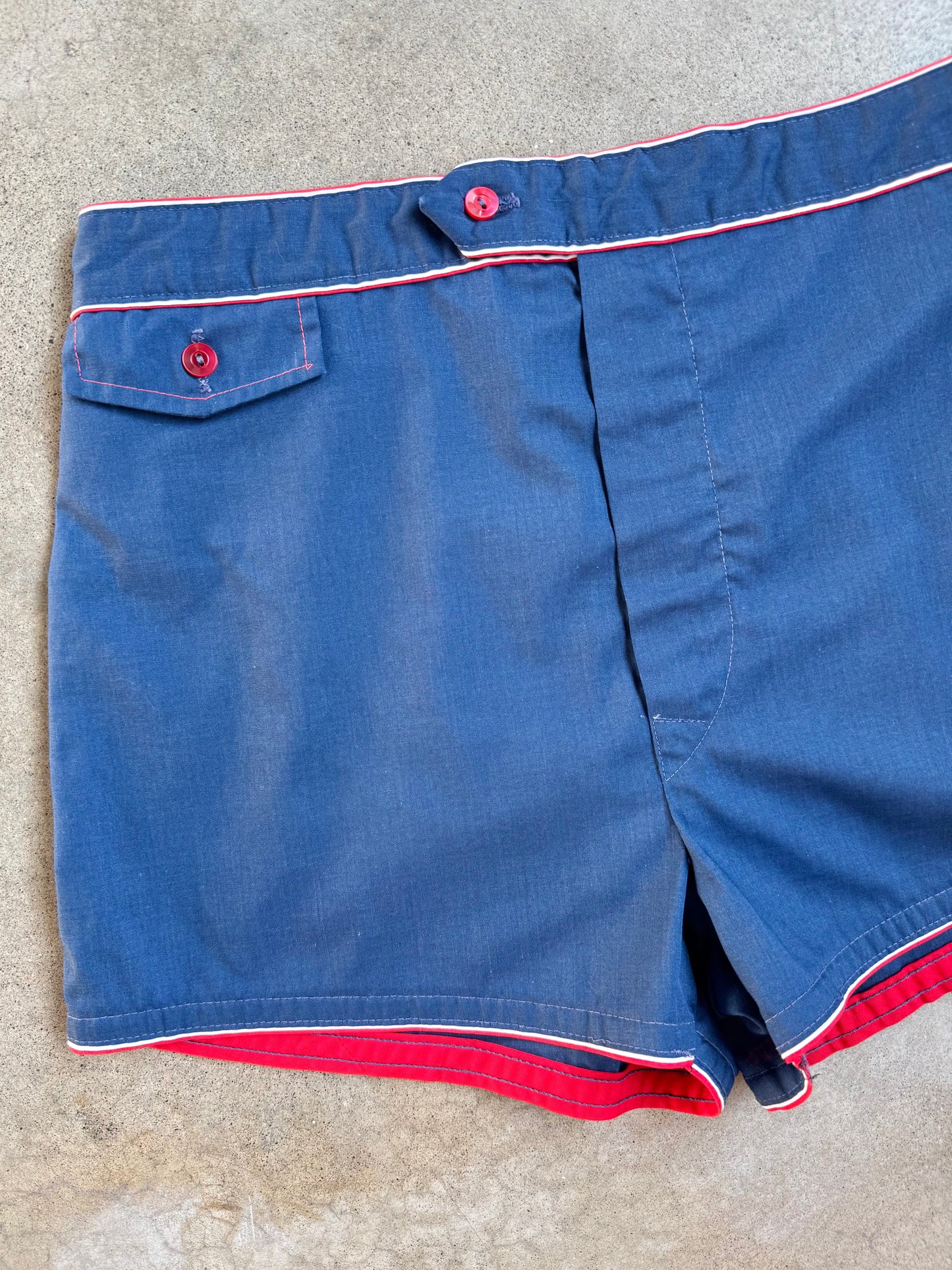 Vintage 1960s Navy Blue & Red Swim Shorts | Large