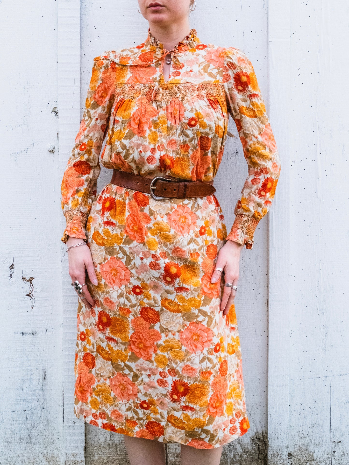 Vintage 1960s Orange Floral Smocked Long Sleeve Midi Dress | XS/S