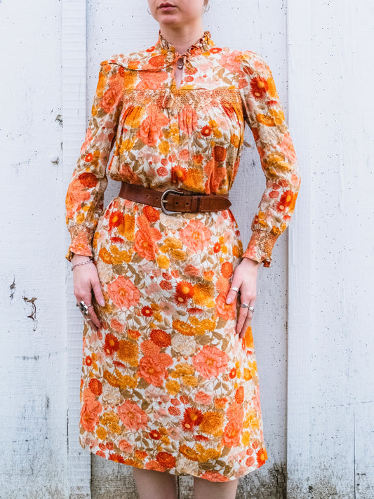 Vintage 1960s Orange Floral Smocked Long Sleeve Midi Dress | XS/S