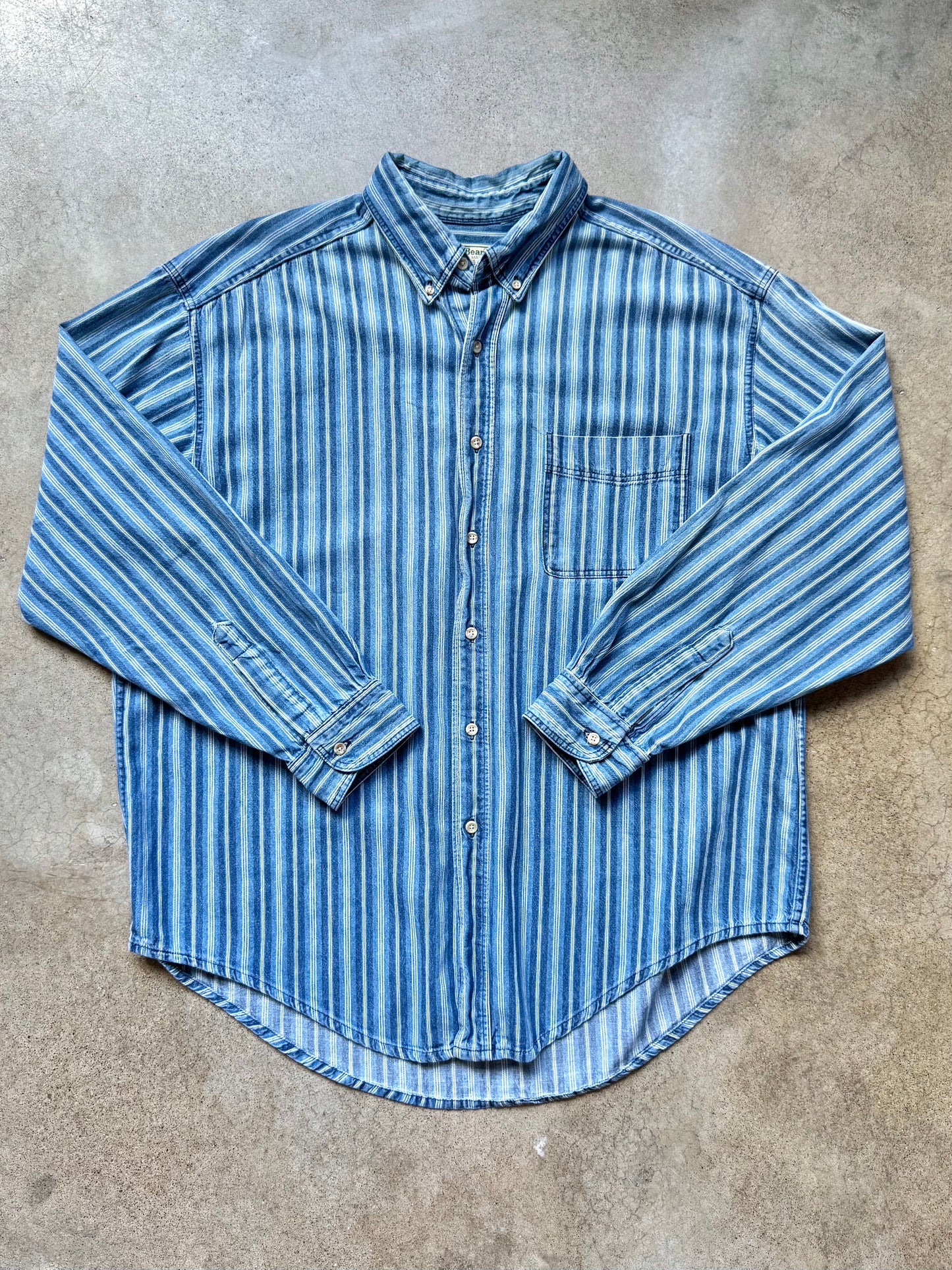 Vintage 1990s L.L. Bean Blue Striped Denim Button-Down Shirt | XL