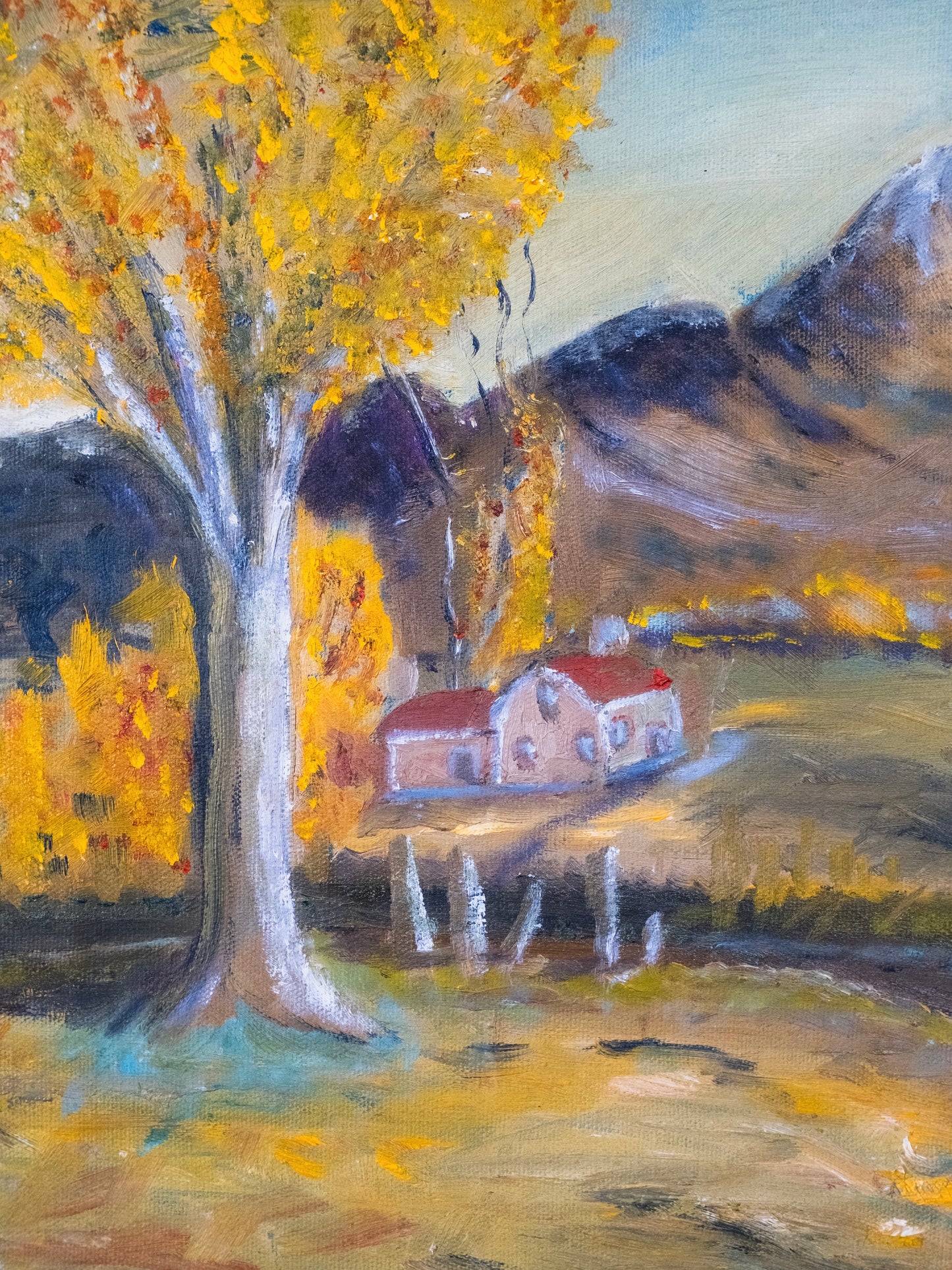 Vintage Framed Folk Art Rustic Farm Landscape Oil on Canvas Painting | Signed