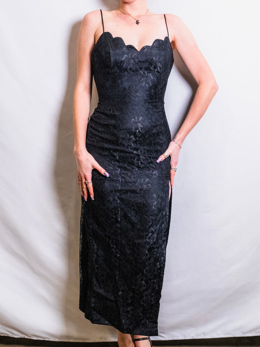 Vintage 1980s L.A. Glo Black Lace High-Slit Formal Dress | XS