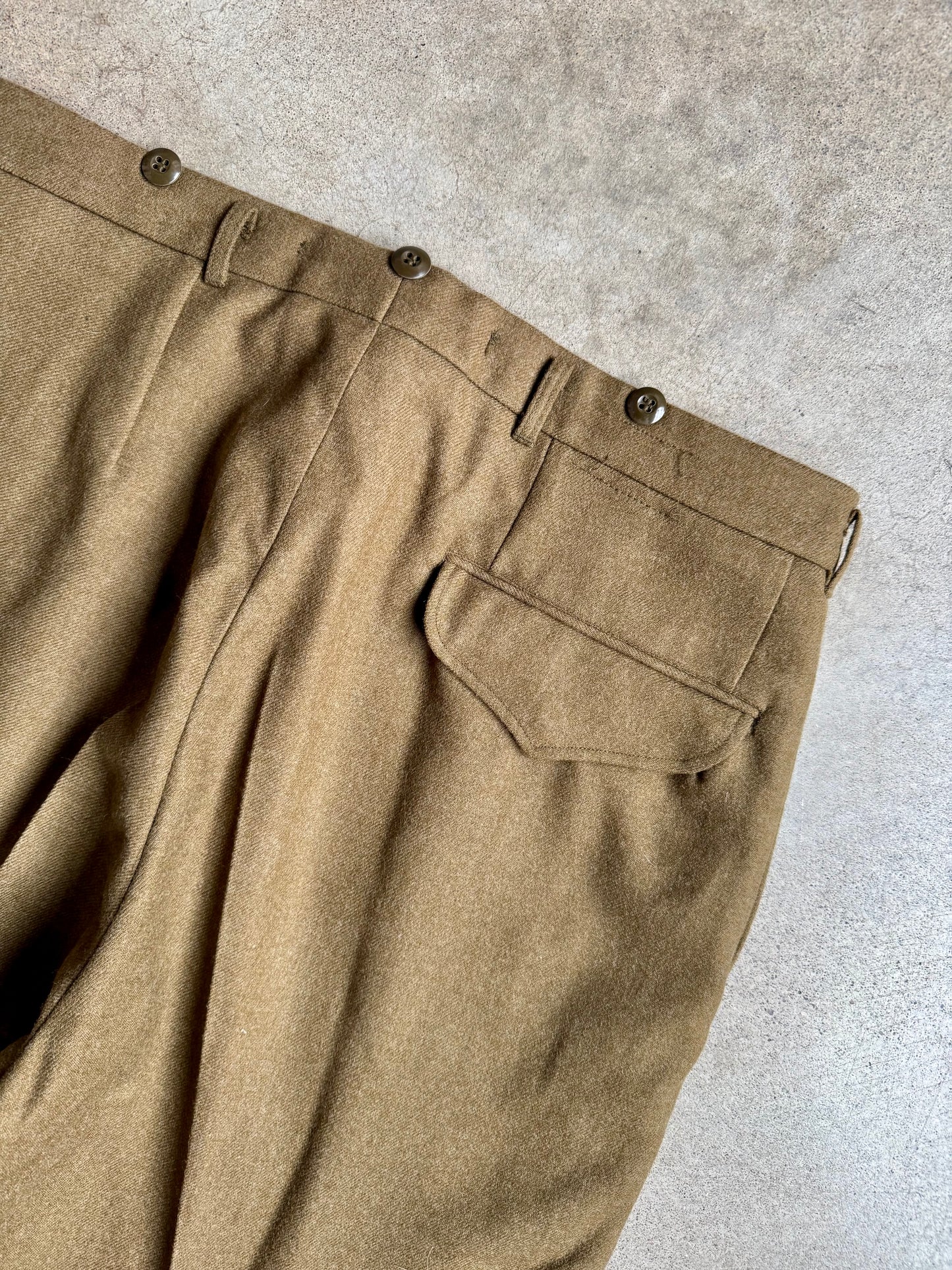 Vintage 1960s Military Issue Button Fly Pleated Wool Trousers | 35R