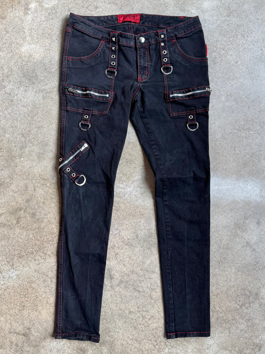 2000s Tripp NYC Black & Red Stitch Studded D-Ring Skinny Jeans | Medium
