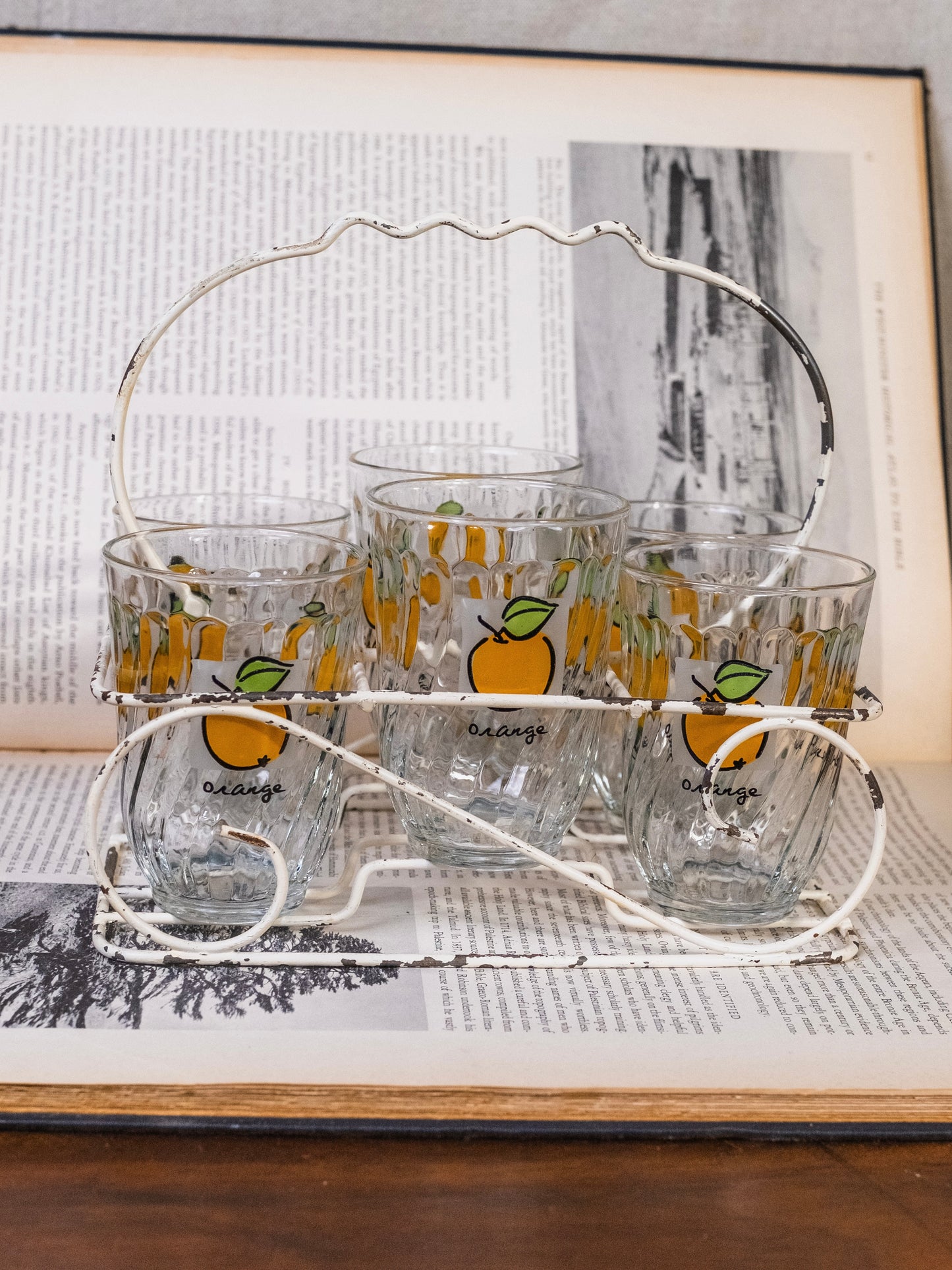 Vintage 1970s Firna Indonesia “Orange” Juice Glasses w/ Caddy | Set of 6