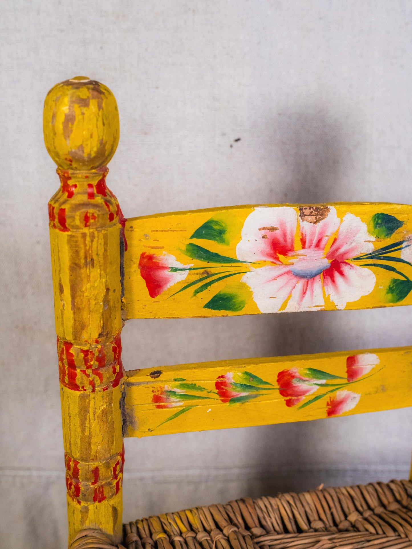 Vintage Mexican Folk Art Yellow Floral Painted Straw Woven Children's Chair