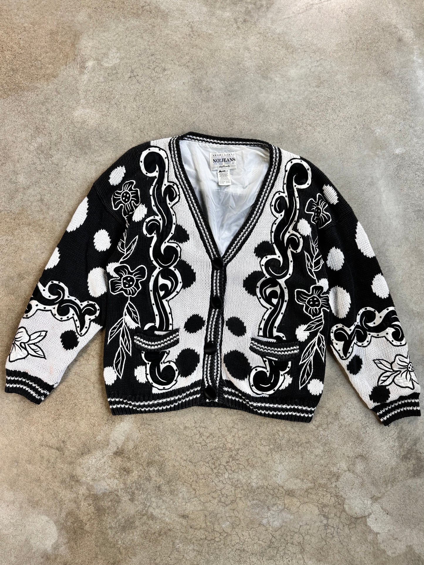 Vintage 1980s No! Jeans Black & White Floral Pattern Cardigan | One Size