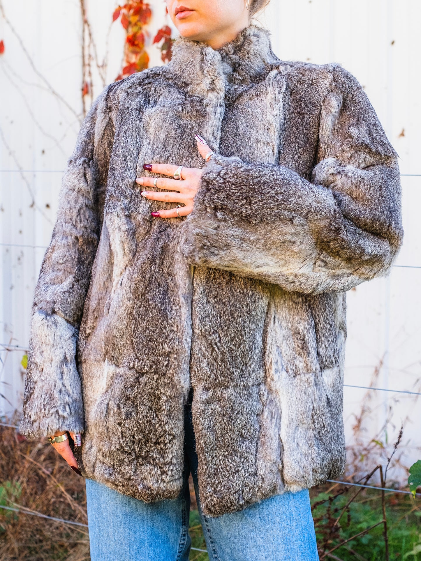 Vintage 1980s Beautifur Grey & Brown Speckled Rabbit Fur Coat | L/XL