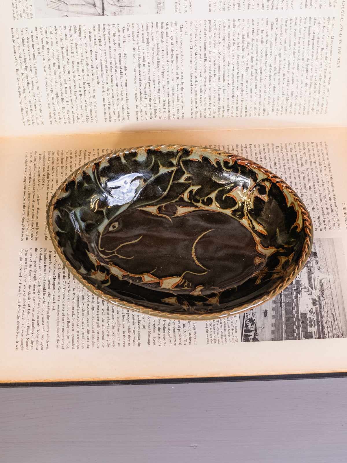 Miranda Thomas Pottery Black Carved Rabbit Medium Oval Platter
