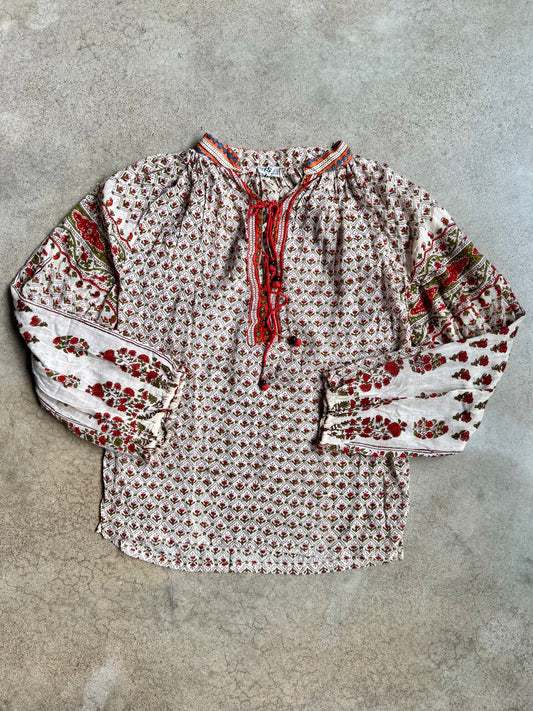 Vintage 1990s Indian Floral Block Print 100% Cotton Peasant Blouse | Small