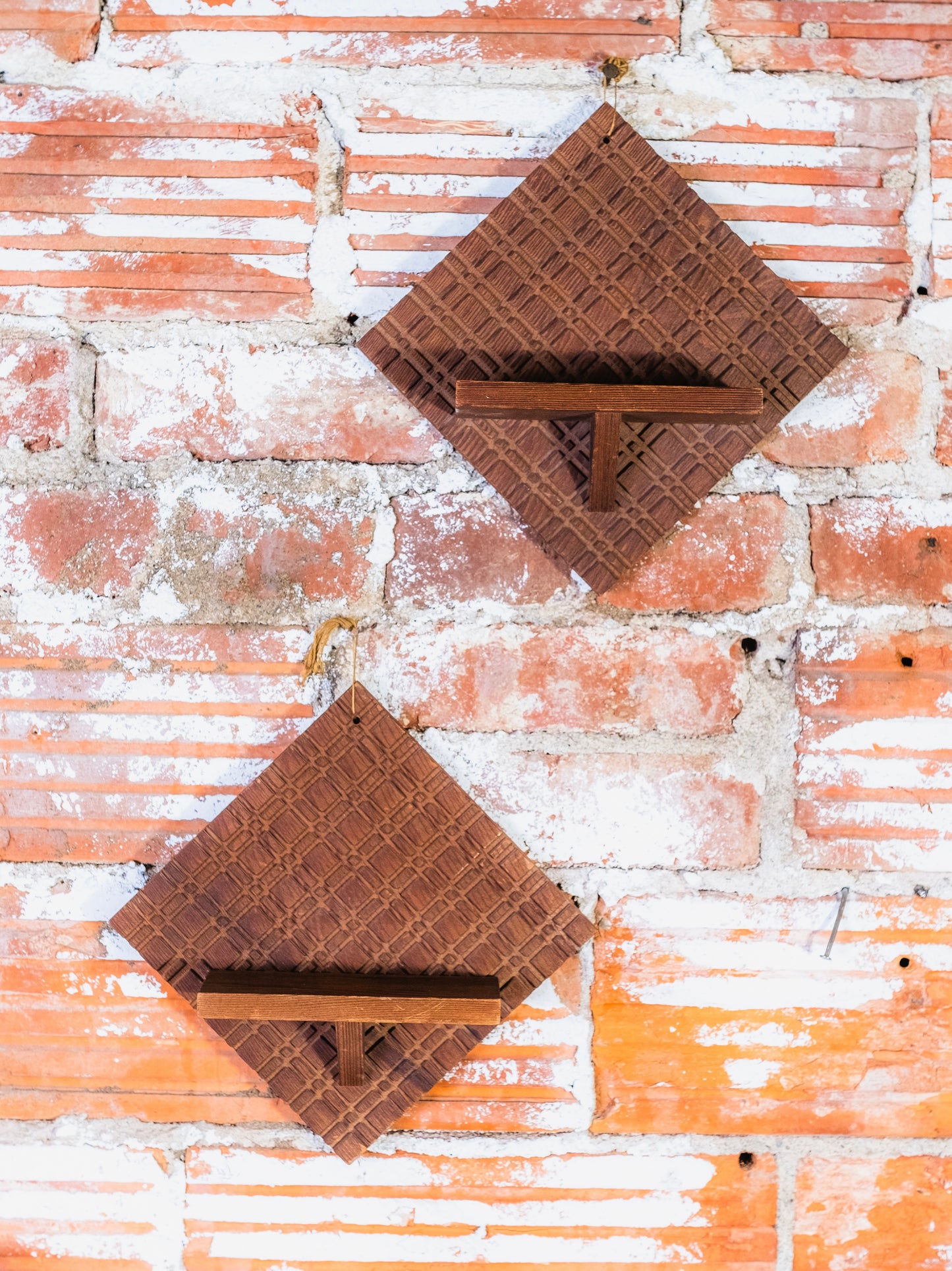 Vintage MCM Geometric Carved Wood Wall Shelves | Set of 2