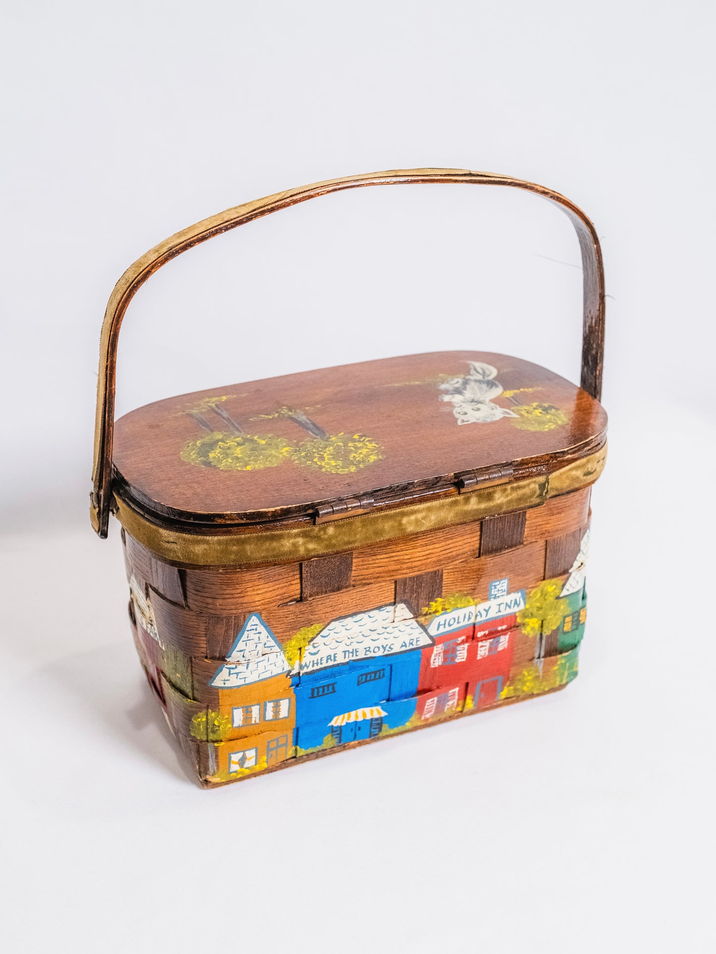 Vintage 1960s Woven Wood Hand-Painted "Newark City" Basket Purse