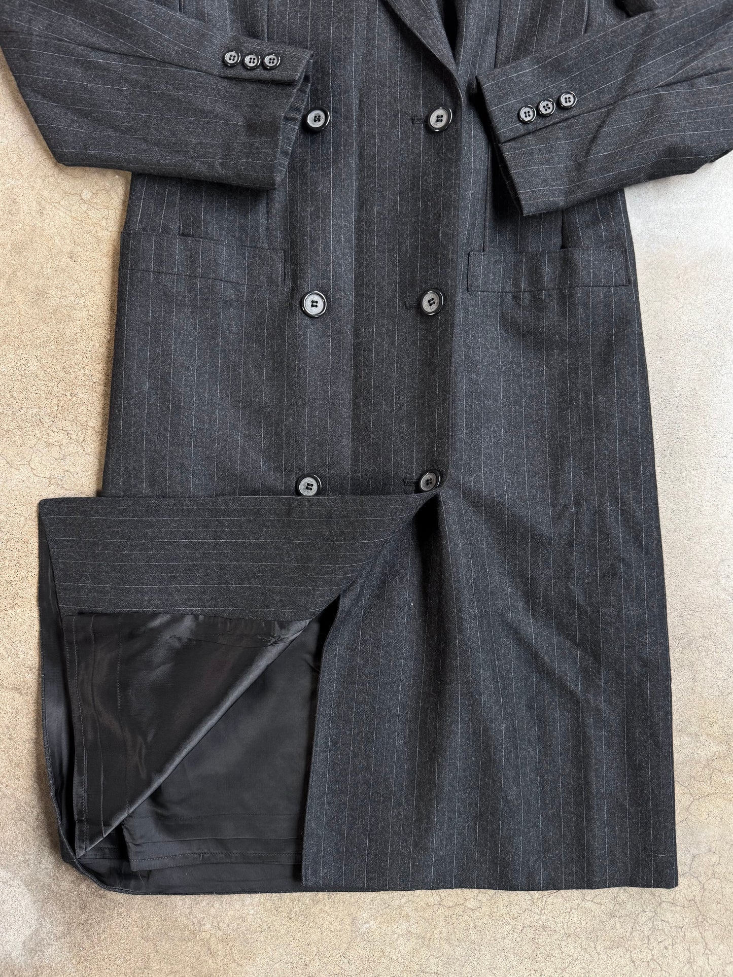 Vintage 1980s Peabody House Grey Pinstripe Wool Double-Breasted Coat | XS/S