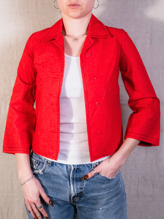 Vintage 1940s Red Western-Style Collared Shirt Jacket | XS